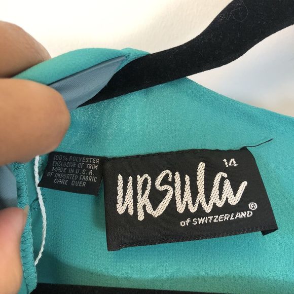 Vintage 1980's Ursula of Switzerland Chiffon Cocktail Dress Aqua Green Size 14 - Picture 8 of 14